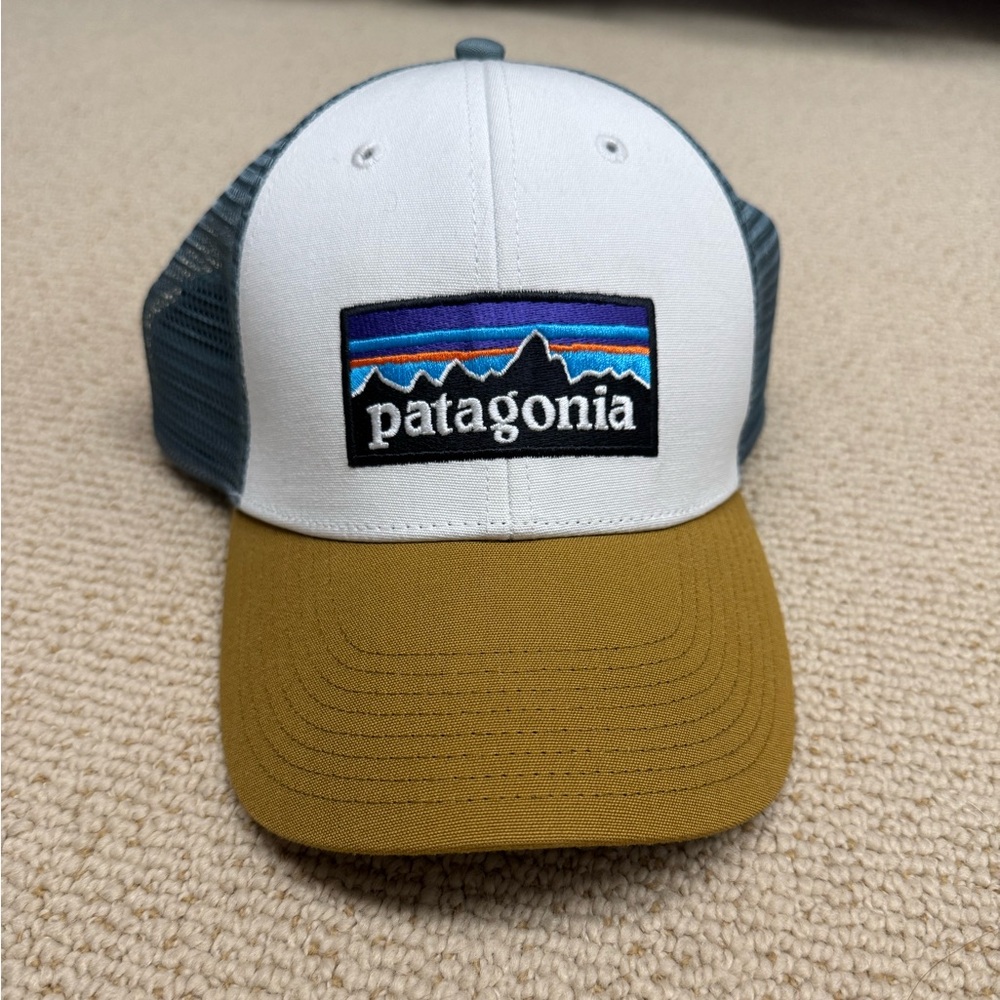 Patagonia Trucker Hat with White Front, Mustard Yellow Bill, and Slate Blue Back